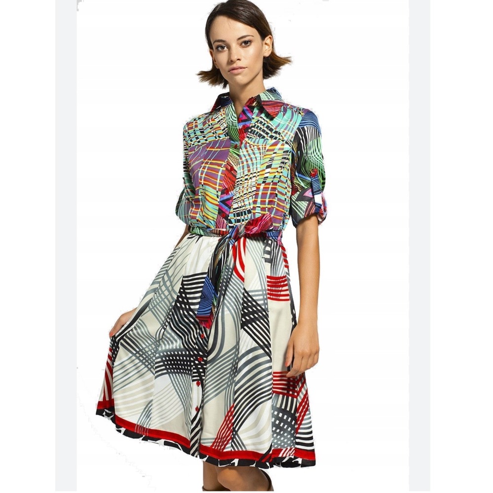 Desigual Mixed Print Button Down‎ Shirt Dress Multi Color Geometric Size 38